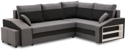 Greensite Grande sarokkanapé polcokkal és puffokkal , polc a jobb karfaban puffok a bal karfaban, jobboldali, szövet anyag, hab töltet, szürke - fekete - primbutor