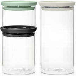Brabantia üvegedény készlet, 3db-os, 0, 3L/0, 6L/1, 1L, egymásra rakható, légmentesen záró fedő, világosszürke, sötétszürke, jáde zöld fedők