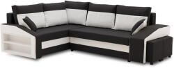 Greensite Grande sarokkanapé polcokkal és puffokkal , polc a bal karfaban puffok a jobb karfaban, baloldali, szövet anyag, hab töltet, fekete - fehér - primbutor
