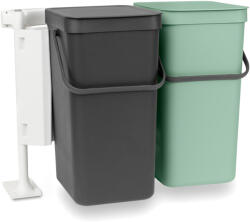 Brabantia Sort & Go beépített konyhai szemetes, ajtóra szerelhető, ajtóval együtt nyíló, felnyitható fedővel, 2x16L, sötétszürke és jáde zöld