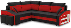 Greensite Grande sarokkanapé polcokkal és puffokkal , polc a jobb karfaban puffok a bal karfaban, baloldali, szövet anyag, hab töltet, fekete - piros