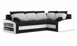 Greensite Grande sarokkanapé polcokkal , polc a bal karfaban, jobboldali, szövet anyag, bonell töltet, fekete - fehér - primbutor