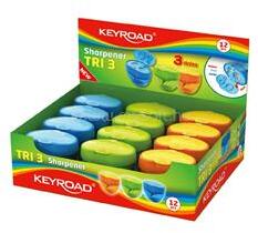 Keyroad Hegyező 3 lyukú tartályos, fedeles 12 db/display Tris vegyes színek (KEYROAD_38423) (KEYROAD_38423)