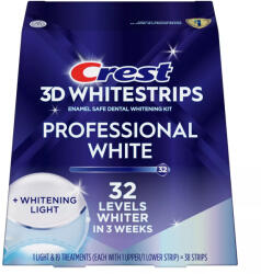  19x borítékos doboz, fogfehérítő csíkok, Crest, 3D White, Professional White LED, UV lámpával, 10%-os koncentráció, 19 nap, 60 perc, 32-es fehérítési szint