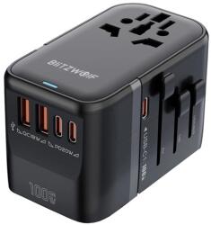 BlitzWolf BW-TA2 Încărcător de călătorie 2 USB+3 prize Type-C 100W, AU, NEGRU (BW-TA2)