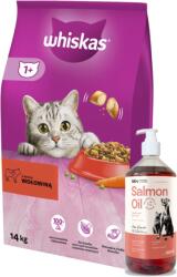 Whiskas WHISKAS 1+ száraz macskaeledel marhahússal 14 kg + Lab-V 100% lazacolaj kutyáknak és macskáknak minden korosztály számára 1000 ml hidegen sajtolt