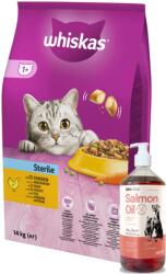 Whiskas WHISKAS Száraz eledel ivartalanított macskáknak 1+ Sterile csirkével 14 kg + Lab-V 100% lazacolaj kutyáknak és macskáknak minden korosztály számára 1000 ml hidegen sajtolt