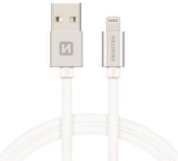 SWISSTEN 71523203 Textile USB Type-A apa - Lightning apa Adat és töltő kábel - Fehér/Ezüst (1.2m) (SW-QU-LIGH-3A-1.2M-SI) (SW-QU-LIGH-3A-1.2M-SI)