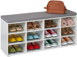 Relaxdays Cipőpad párnázott üléssel 12 rekeszes fehér-szürke 10051086_489