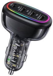 USAMS C34 autós töltő 3xUSB-A + USB-C aljzat (5V/3A, 48W, PD gyorstöltő) fekete (CC170CC01) (CC170CC01)