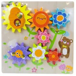  Fa forgatható fogaskerekek tálcán, 23x23cm fa logikai, fejlesztő játék