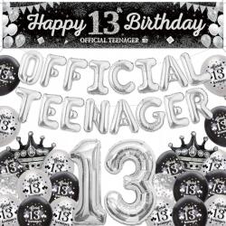  Dekoráció Szett 13 Születésnap Léggömb Official Teenager Fekete-Ezüst