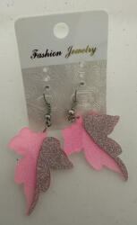  Pink Glow fülbevaló - rózsaszín és ezüst csillámos levél forma (retrofuli3)