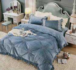 Jojo Home Lenjerie de pat din catifea cu inimi brodate, 4 piese, albastra- A1379 (A1379) Lenjerie de pat