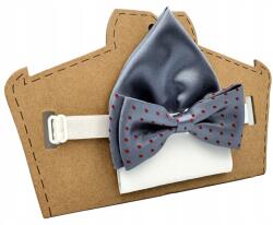 CGM Szürke gyermek csokornyakkendő piros pöttyökkel és zsebkendővel (Mucha chłopięca w groszki z poszetką)