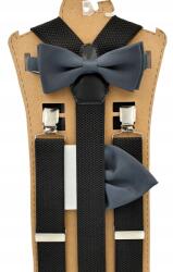 CGM Fekete nadrágtartó grafit színű csokornyakkendővel és fekete zsebkendővel (Szelka jednolita - mucha z poszetką)