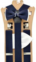 CGM Sötétkék nadrágtartó sötétkék-fehér csokornyakkendővel és zsebkendővel (Szelka jednolita - mucha z poszetką)