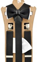 CGM Fekete nadrágtartó fekete-fehér csokornyakkendővel és fehér zsebkendővel (Szelka jednolita - mucha z poszetką)