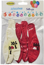  Piros és fehér "I love you" feliratú lufik, gumi, 5 db/csomag (KGG-031970) - officetrade