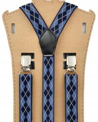 CGM Fehér és sötétkék rombuszmintás, jacquard nadrágtartó (Szelka żakrdowa - tkana guma jakościowa)