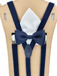 CGM Sötétkék ifjúsági nadrágtartó, sötétkék csokornyakkendő és díszzsebkendő szett (Dziecięce szelki z muchą i poszetką)