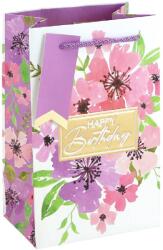 Eurowrap ajándéktasak (12, 7x20, 3x9 cm) Happy Birthday, rózsaszín virágos (6) (36947-9C)