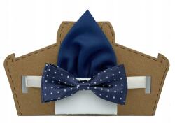  Sötétkék, fehér pöttyös fiú csokornyakkendő és zsebkendő szett