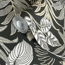 FüggönyFutár Webáruház Fekete-bézs színű növényi mintás Grandeco vlies-hab tapéta 2026 (A75302_vip25)