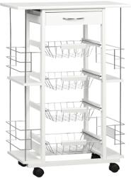 Homcom Konyhai kocsi fiókkal, 4 kivehető gyümölcskosárral és kerámia tetővel, fenyőfából és fémből, 57x37x83 cm, fehér (801-122WT)