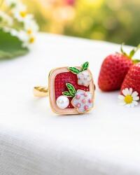  Pierścionek Złocony Mosiądz Czerwony Kwadrat Kwiaty Perła (FR09HOP269)