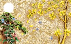 agmART Fotótapéta Fa Arany Levelek Virágok 3D 200x130 (Fototapety agmART)