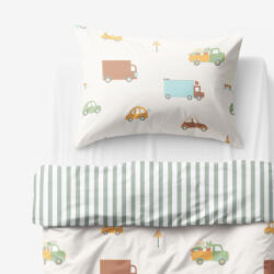Goldea gyermek pamut ágyneműhuzat - az autók világa, zsálya színű csíkos hátoldal 140 x 200 és 70 x 90 cm