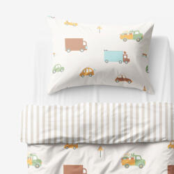 Goldea gyermek pamut ágyneműhuzat - az autók világa, latte csíkos hátoldal 140 x 200 és 70 x 90 cm