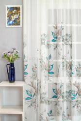 FüggönyFutár Webáruház Lupita - türkiz színű, romantikus fényáteresztő voile függöny, virág mintával, egyedi méretre, készre varrjuk