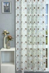 FüggönyFutár Webáruház Marazzi - fehér, barna színű, vasalókímélő, mediterrán stílusú fényáteresztő sablé függöny, nyomott geometrikus mintával, egyedi méretre, készre varrjuk
