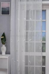 FüggönyFutár Webáruház Nagy íves, leveles, fehér voile függöny, szürke, bézs hímzéssel, egyedi méretre, készre varrjuk