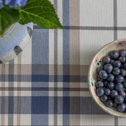 FüggönyFutár Webáruház Larson - Kék-drapp kockás víztaszító dekor és abrosz anyag, egyedi méretre, készre varrjuk