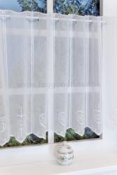 FüggönyFutár Webáruház Fehér színű, romantikus fényáteresztő vitrázs sablé függöny, himzett szív mintával, egyedi méretre, készre varrjuk