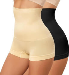SHEKINI Chilot modelator dama tip pantalonas, Pachet 2 bucati, SHEKINI, Talie foarte inalta, Control abdomen, Efect push-up fesier, Fara rulare, Bej Negru, Marimea M