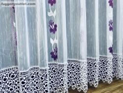 Celen Textil Kft Csipkés Függöny, Harangvirág ( fehér, 30 cm Csipke ) fehér alapon lila, 300x175 cm
