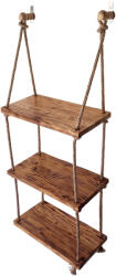 Arts and Crafts Raft suspendat din lemn de pin ars si sfoara, 3 polite handmade - rustic & decorativ (aac0413) Raft