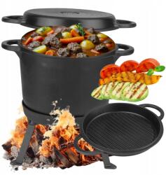  Öntöttvas üst, nagy, álló, tábortűzhöz, grillhez, 12 literes