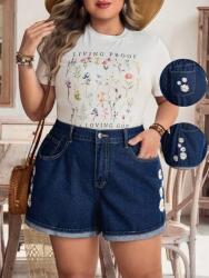 Shein Sötétkék Farmer Rövidnadrág Hímzéssel (1XL) (605515)