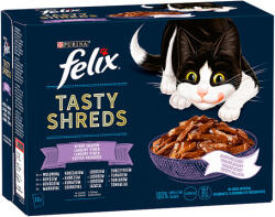 FELIX Shreds vegyes válogatás - Marha, csirke, lazac és tonhal tépett falatok szószban macskáknak - Multipack (1 karton | 12 alutasak | 12 x 80 g) 960gr