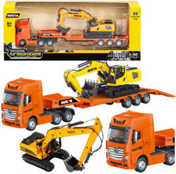 HUINA Camion Huina cu platformă joasă și excavator metalic, scară 1: 50 - portocaliu și galben (22768)