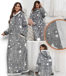 GordonToys Pulover Poncho cu Glugă și Buzunar Cangur, Gri cu Stele, Supradimensionat, din Polar - pentru Tineri și Adulți (BLUZOKOC SZARY DŁUGI)