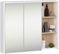 Brius Dulap de baie suspendat cu oglinda, 2 usi si 3 rafturi interioare, PAL 16 mm, 90x15x75 cm, alb si stejar sonoma (AK-38163959)