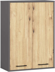 Brius Dulap baie suspendat, cu 2 usi si 4 rafturi interioare, PAL 16 mm, 64x30x94 cm, gri si stejar artisan (AK-12214213)