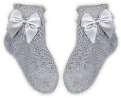 Global Licence Srl 100% pamut kislány baba bokazokni horgolt felsőrésszel - masni díszítéssel - szürke - 13-14