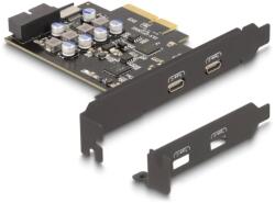 Delock PCI expressz x4 kártya - 2 x külső USB Type-C csatlakozó + 1 x belső USB 10 Gbps Type-E Key A and 1 x 19 pin USB pin header male - alacsony profilú formatényező